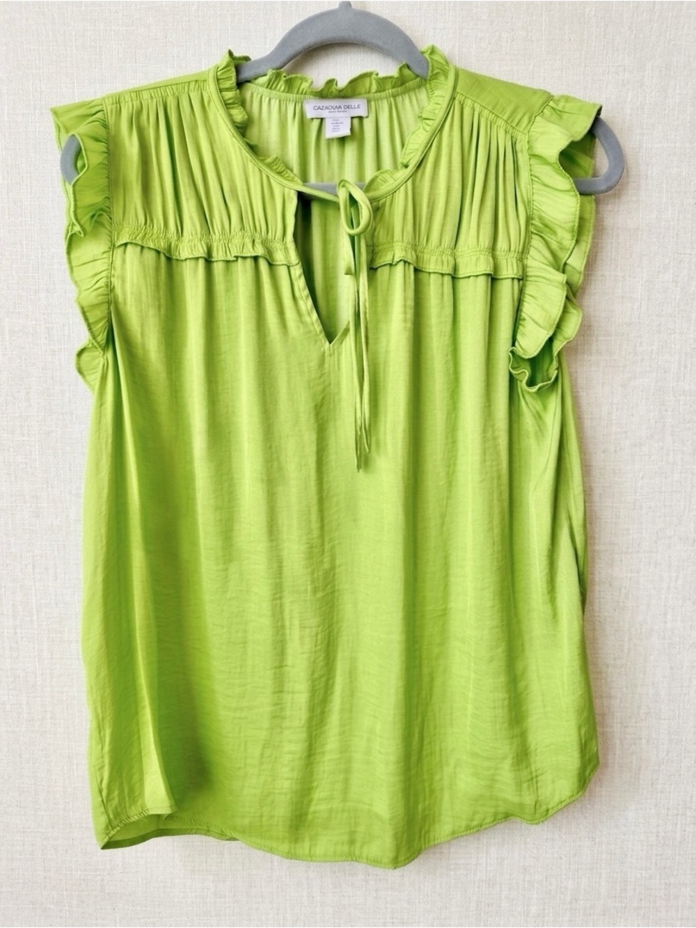 CAROLINA BELLE MONTREAL Blouse Ruffle Flutter Sleeve Keyhole Tie Lime Green S